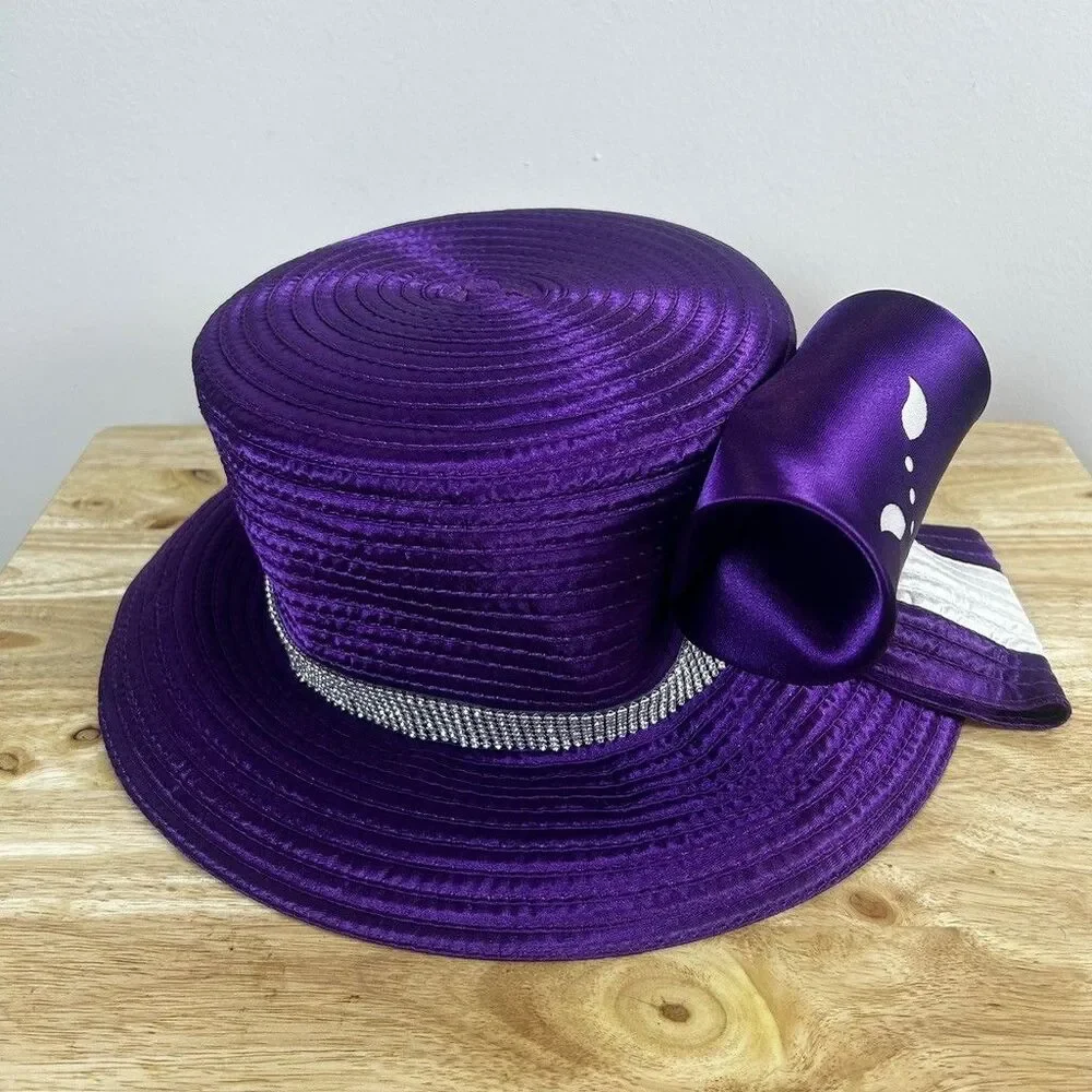 Purple Church Hat Womens Dress Derby Satin Ribbon Rhinestone Bow Top Hat